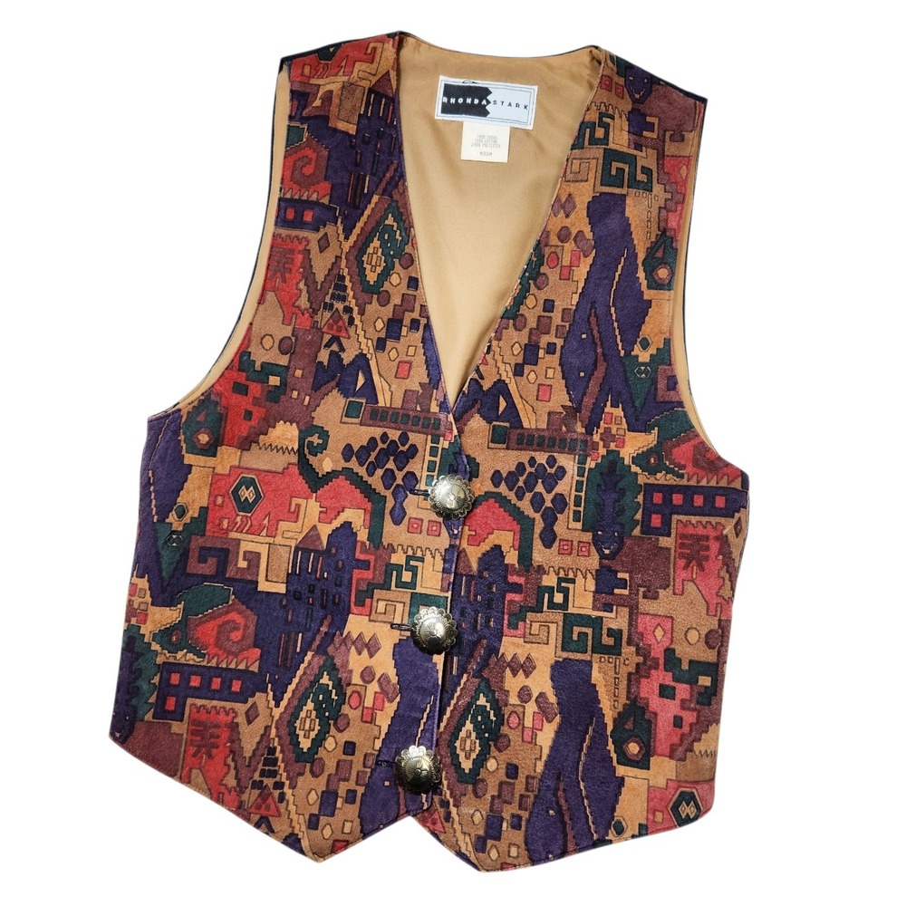 Rhonda Stark Vest Suede Leather Southwestern Aztec Silver Tone Conchos Buttons